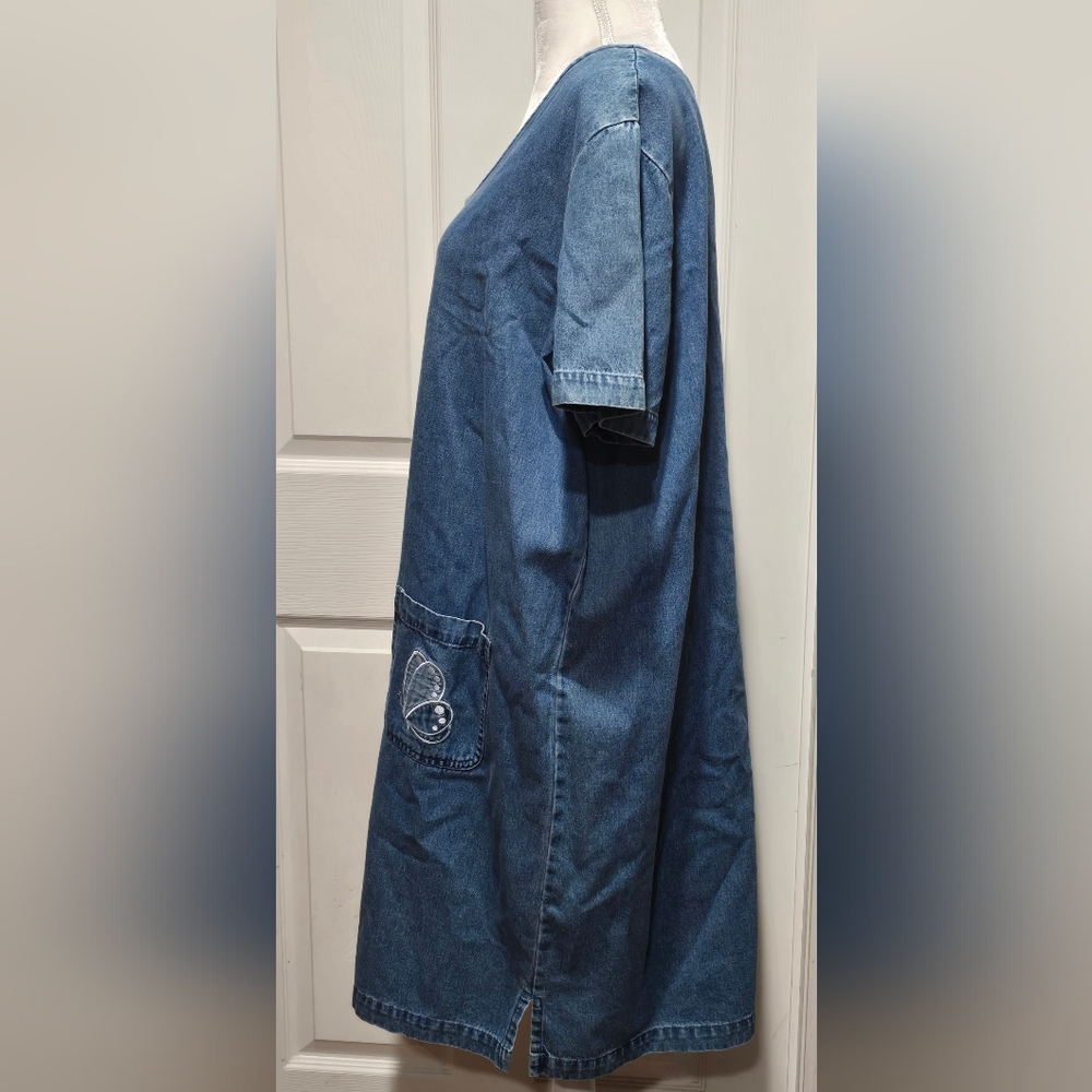 Vintage C.B. Casual Blue Denim Chambray Shift Dress Embroidered Butterflies - Picture 3 of 8